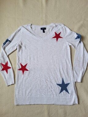 Red White & Blue Star Long-sleeved Top Women's Size XS Lightweight Cotton Knit